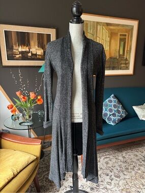 CAbi Long Open-Front Ribbed Cardigan in Charcoal